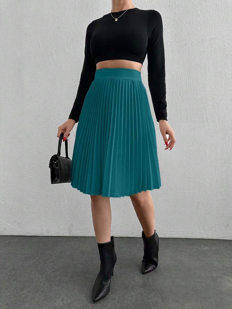 EURMUSE Women Plain Ruched A-Line Skirt, Casual - Dark Green - View 1