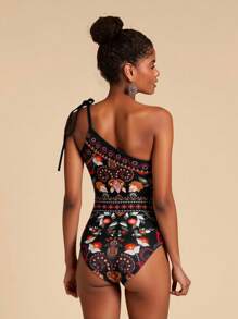 Travachic All-Over Print Asymmetric Neckline Twist Front One-Piece Swimsuit - Black - View 5