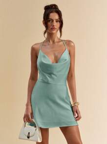 SHEIN BAE Women Pearl Chain Decor Draped Neck Backless Solid White Mini Dress, Suitable For Graduation, Wedding - Mint Green - View 6