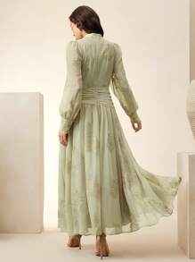 Anewsta Elegant Embroidered Beaded Dress With Waist Cinching And Flared Skirt - Green - View 3