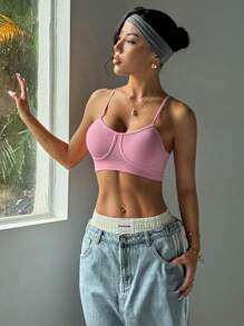 SHEIN Sovereign Charm Sujetador deportivo para mujer sin costuras y elástico, de estilo fashionable - Rosa - Ver 1