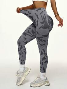 Gameset SHEIN Sport 女士高腰简约无缝运动紧身裤，休闲日常瑜伽裤 - 灰色 - 查看 4