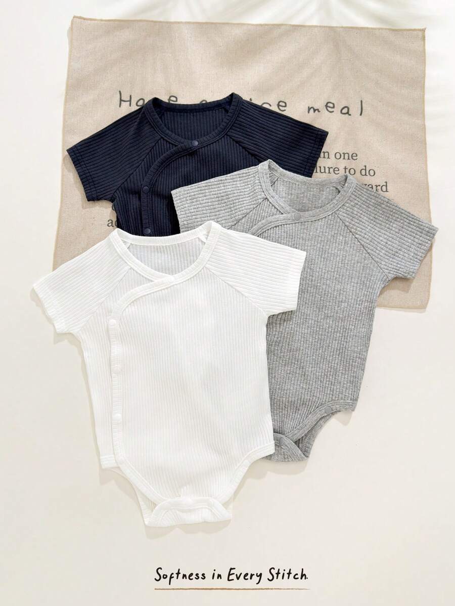 Cozy Pixies 3 Pieces Set Newborn Baby Boy/Girl Solid Color Soft Knit Round Neck Short Sleeve Bodysuit - Multicolor - View 1