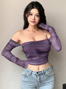 DAZY 扎染透明网眼短款露肩长袖女式上衣外出上衣节日夏季 - 紫色 - 查看 3