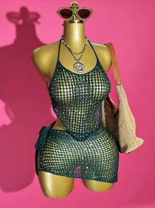 Slaydiva 2025夏季新款，适合生日派对、日常出行、休闲度假、邮轮旅行、海滩、海边、日光浴等场合，基础百搭，线上热销单品，露背吊带，性感露背紧身裤，短款不对称下摆上衣和不对称侧边吊带裙，透视纹理，闪亮亮片，夏季毛衣套装，秋冬女士毛衣套装