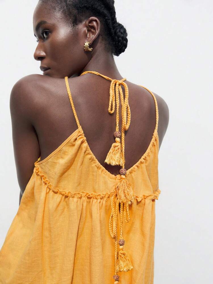 SHEIN Maija Countryside Halter Neck Sleeveless Top, Patchwork Design, Frill Trim, Cutout Detail,For Ladies Summer Wear