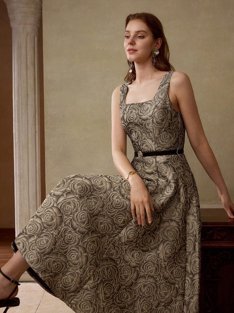 FLORAL JACQUARD FLARED DRESS