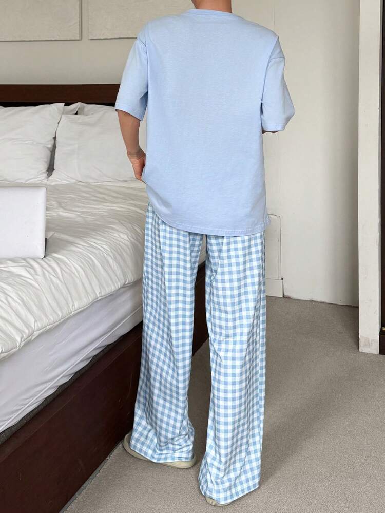 Minimalist Round Neck T-Shirt Top And Plaid Pants Home Wear Pajamas Set, Back To School Clothes