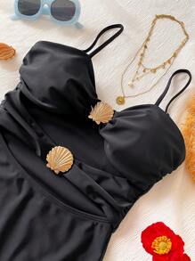 Teen Girls' Solid Color Metal Shell Decor Spaghetti Strap One-Piece Swimsuit