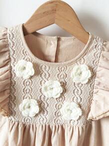 Loomiva Young Girl Floral Ruffle Trim Cinched Waist Short Sleeve Casual Dress, White/Beige - Apricot - View 7