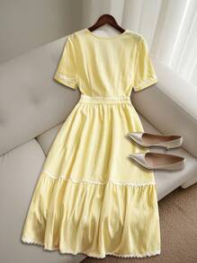 EMERY ROSE 女士优雅中长款连衣裙，带编织丝带装饰，夏季 - 黃色 - 查看 2