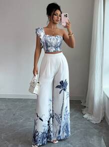 Elenzga 2 件套女式阔腿裤和花朵印花背心，休闲装 - 彩色 - 查看 6