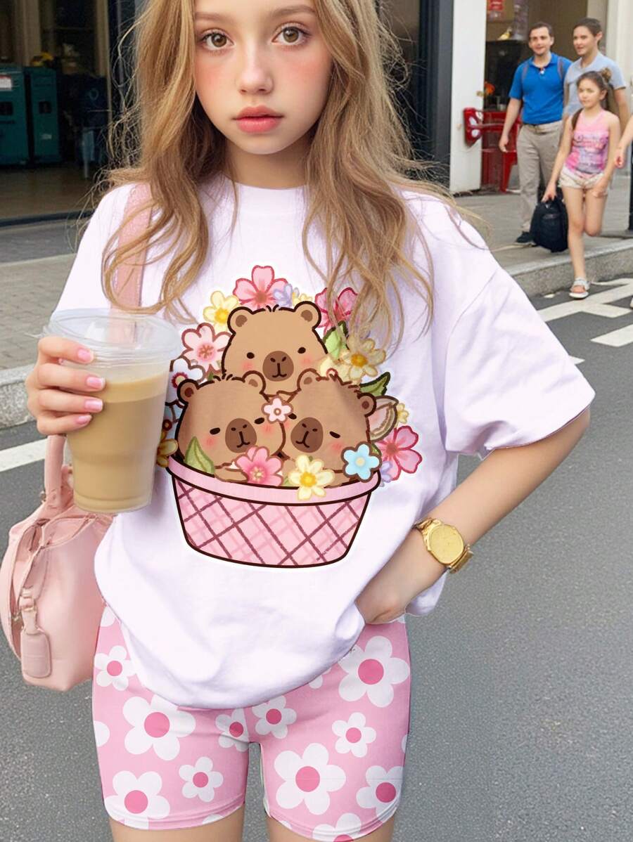 SHEIN 2pcs/Set Cute Pink Capybara Print White Summer Matching Outfit,Loose Short Sleeve T-Shirt And Shorts Set,Family Vacation Streetwear Kawaii Y2K Style - Multicolor - View 1