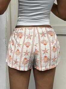 Aloruh Women's Ocean Shell & Starfish Striped Button Single-Breasted Waist Tie Shorts, Spring/Summer - Orange - View 2