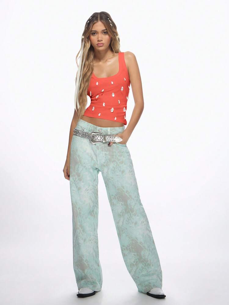 MISSGUIDED Crystal Embellished Summer Tank Top Sleeveless Ribbed Scoop Neck Tank Top For Festival Vacation Beach