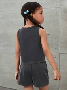 2pcs/Set Young Girl Knit Plain Crew Neck Tank Top And Shorts Set - Black - View 2