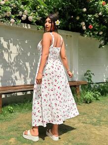 SHEIN EZwear 大码女式樱桃水果印花蝴蝶结 V 领连衣裙，夏季