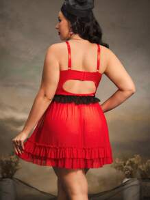 2 Stücke Große Größen Kontrast Farbe schlank geschnittenes, geschichtetes, gerüschtes Taftseide-Spitze-Patch-Plissee-Netz-Schleife Wimpernspitzen-Spitze Retro romantische Lingerie-Set - Verschiedenfarbig - Übersicht 2