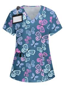 PopScrub Top de uniforme de enfermería con estampado de mariposa colorido y lindo - Multicolor - Ver 7