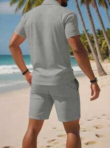 Manfinity Dauomo Men's Solid Zip-Up Short Sleeve Polo Shirt And Pocket Shorts Set - Light Grey - View 2