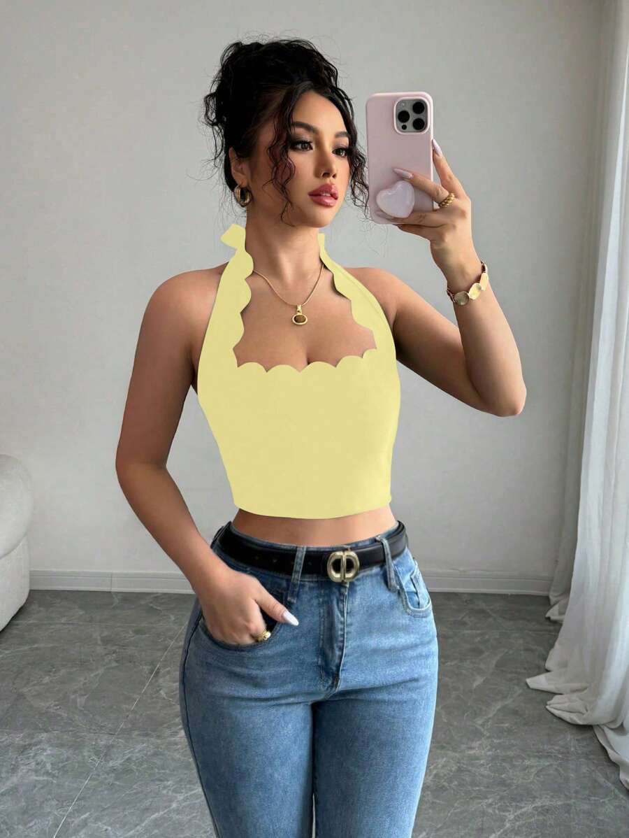 INAWLY Sexy Vacation Black Halter Tie Ruffled Neck Cropped Tank Top For Women - Yellow - View 1