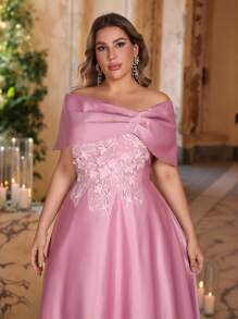 SHEIN Belle 加大码春夏优雅浪漫华丽莲花粉色单肩不对称莲花袖褶皱奢华腰部亮片贴花设计 A 字下摆适合晚餐单身派对约会节日舞蹈音乐节婚礼活动舞会礼服复古礼服 - 藕粉色 - 查看 5