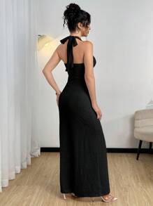 Modelyn 女式金属扣无袖细肩带短款上衣和阔腿连体裤 - 黑色 - 查看 2