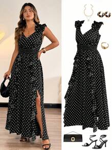 SHEIN Clasi Plus Size Retro Polka Dot Ruffle Trim V-Neck Sleeveless Dress For Women, Summer - Black - View 1