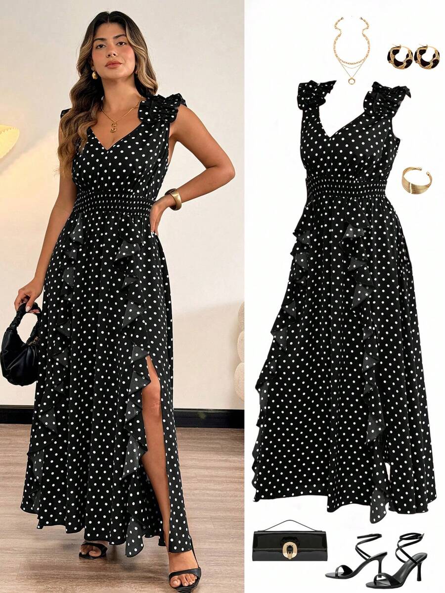 SHEIN Clasi Plus Size Retro Polka Dot Ruffle Trim V-Neck Sleeveless Dress For Women, Summer - Black - View 1