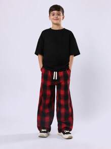 SUMWON Wide Leg Classic Pants Buffalo Check Plaid Pattern Elastic Waist Relaxed Fit Comfortable Fall Winter Wear - Black - View 3