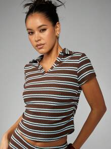 MISSGUIDED 复古条纹 Polo 衫套装夏季时尚度假针织两件套休闲装假日海滩派对休闲装 - 彩色 - 查看 4