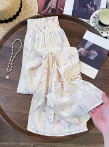 Breezaya 杏色碎花高腰阔腿裤，休闲春夏款，可搭配复古腰带，优雅日常穿着，适合办公室、毕业典礼、复古音乐节、德比季 - 杏色 - 查看 4