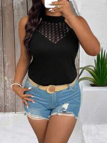 SHEIN Clasi Plus Size Women Casual Lace Patchwork Camisole Black Mesh - Black - View 5