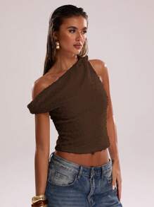 SHEIN BAE Women's Summer Sexy Bohemian Beach Vacation Concert Crochet Asymmetrical Shoulder Knotted Going-Out Tops, Summer,Club Women Sexy,Rave Top - Coffee Brown - View 5