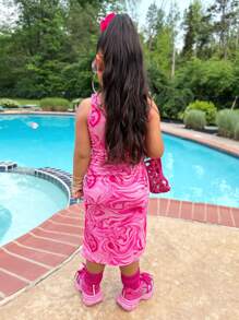 SHEIN Young Girl Casual Fashion Street Style Square Neck Tie-Dye Printed Snug Fit Pink Dress - Pink - View 2