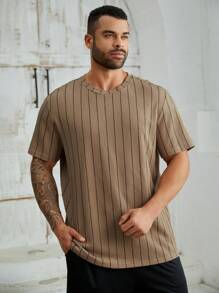 EASEVO Camiseta casual de verano de manga corta de punto a rayas para hombre de talla grande - Caqui - Ver 4