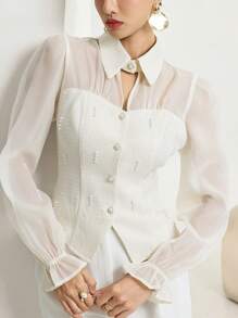Heiryn Women's Elegant Mesh Patchwork Faux Pearl Button Front Summer Luxury Top - White - View 1