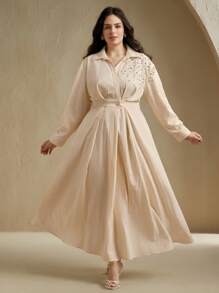 Anewsta Váy thời trang cao cấp đính đinh tán thiết kế nghệ thuật cỡ lớn dành cho nữ, thanh lịch - Màu be - Xem 4