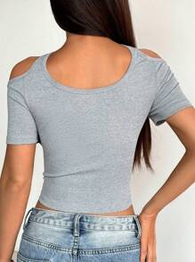 INAWLY Áo crop top tay ngắn hở vai ôm vừa vặn hở nửa nút đơn giản cho nữ, mùa hè, size thường - Xám - Xem 2