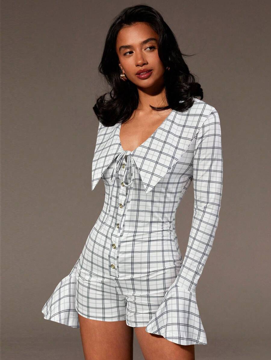 Athîral 女式格子前系带长袖纽扣门襟休闲连体裤 - 黑與白 - 查看 1