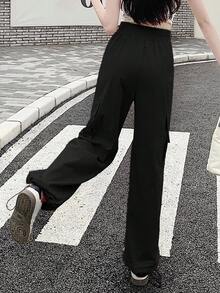 DAZY 女士纯色休闲工装裤，宽松直筒裤 - 黑色 - 查看 4