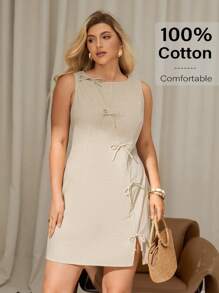Auralis Plus-Size Women's Dress, 2025 New Release: Bohemian Office Casual Siren Mini Dress - Linen-Cotton Blend Beige Sleeveless Dress With Bowknot Detailing, A-Line Summer Work To Weekend Outfits,Vacay Outfit,Teacher Outfits For Women Valentine's Day Outfit
