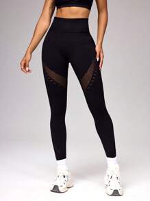 SHEIN Sports 无缝纯色高腰提臀运动紧身裤 - 黑色 - 查看 3