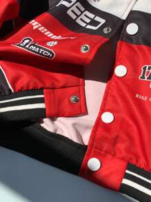 SHEIN 男婴拼色红黑运动休闲街头风格拉链摩托车夹克，适合春季、秋季、冬季、家居服和户外活动