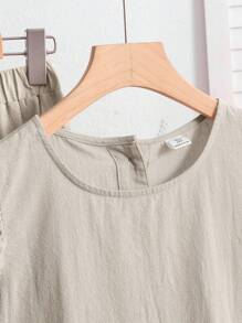 SHEIN 2 件套青少年女孩休闲百搭基本通勤舒适荷叶边纽扣梭织纯色圆领衬衫和宽松梭织裤，杏色，适合休闲、运动、度假、郊游、派对、购物、上学、返校 - 杏色 - 查看 5