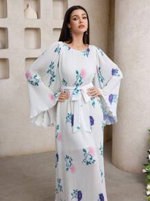 Veilorie 1pc Women's Floral Print Belted Elegant Long Sleeve Dress  Occasion Dresses   Tea Party Dress Birthday Women Outfits - White - View 2
