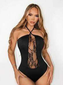 Zolique Women's Sexy Patchwork See-Through Lace Backless Halterneck Bodysuit, Summer - Black - View 4