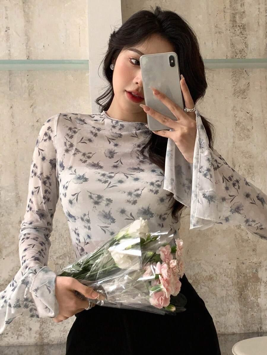 DAZY Floral Print Flounce Sleeve Mesh Top Without Cami Top Going Out Tops Sheer Long Sleeve Women Tops,Fall Women Clothes Turtleneck Women - Multicolor - View 1