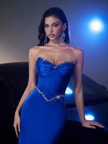 Glamrae 迷人、优雅、精致、时尚、青春、蓝色、缎面、露肩、加厚胸围、褶饰紧身胸衣、美人鱼裙，适合单身派对、婚礼嘉宾、音乐节、度假、正式舞会、晚礼服 - 寶藍色 - 查看 5