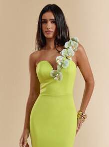 SHEIN BAE 纯黄绿色深V领不对称肩部紧身长款鱼尾连衣裙，优雅海滩度假连衣裙，春夏